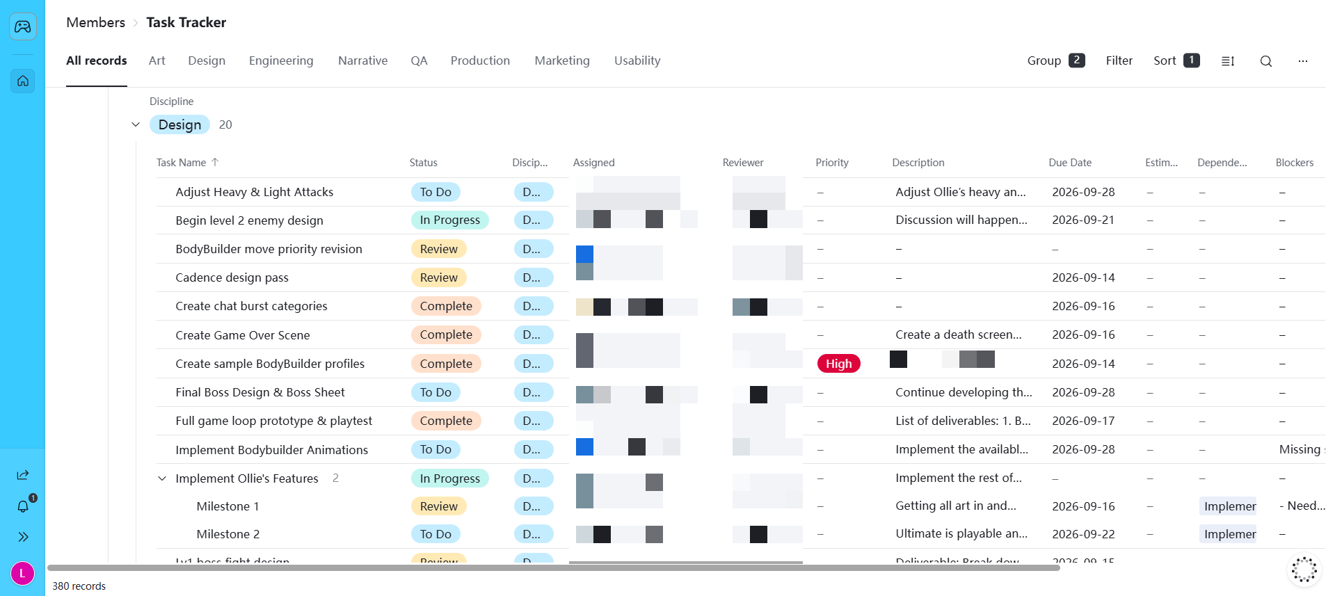 Only Fights Airtable tracker showing Design tasks, statuses, owners, deadlines, and dependencies