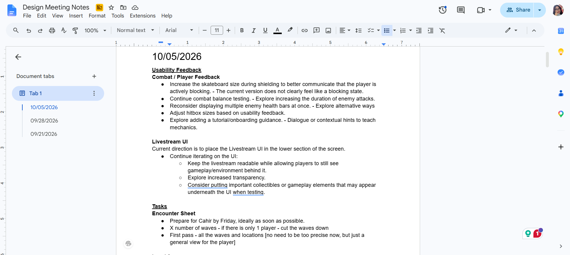 Only Fights design meeting notes showing current action items and upcoming sprint work