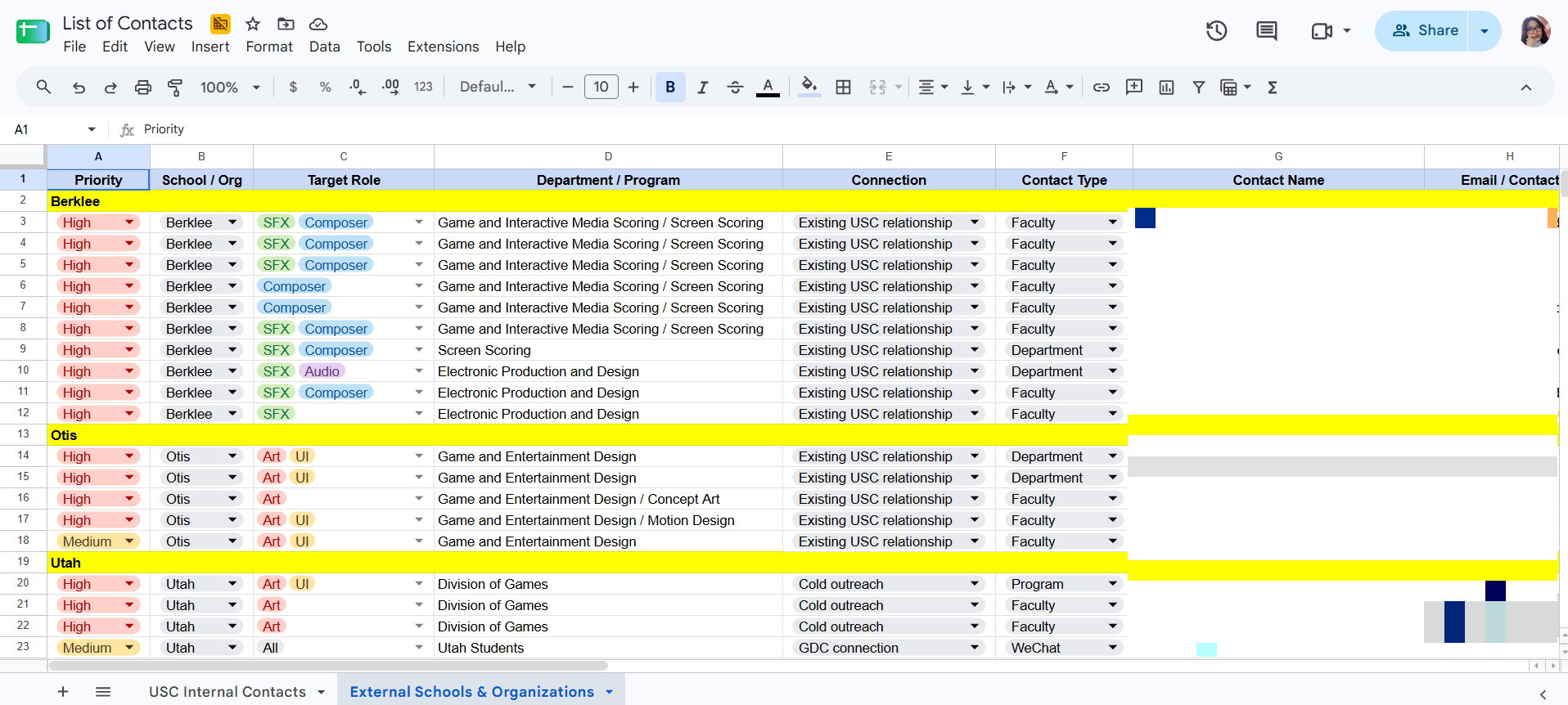 Only Fights recruiting contact pipeline organized by school, role, program, and contact type